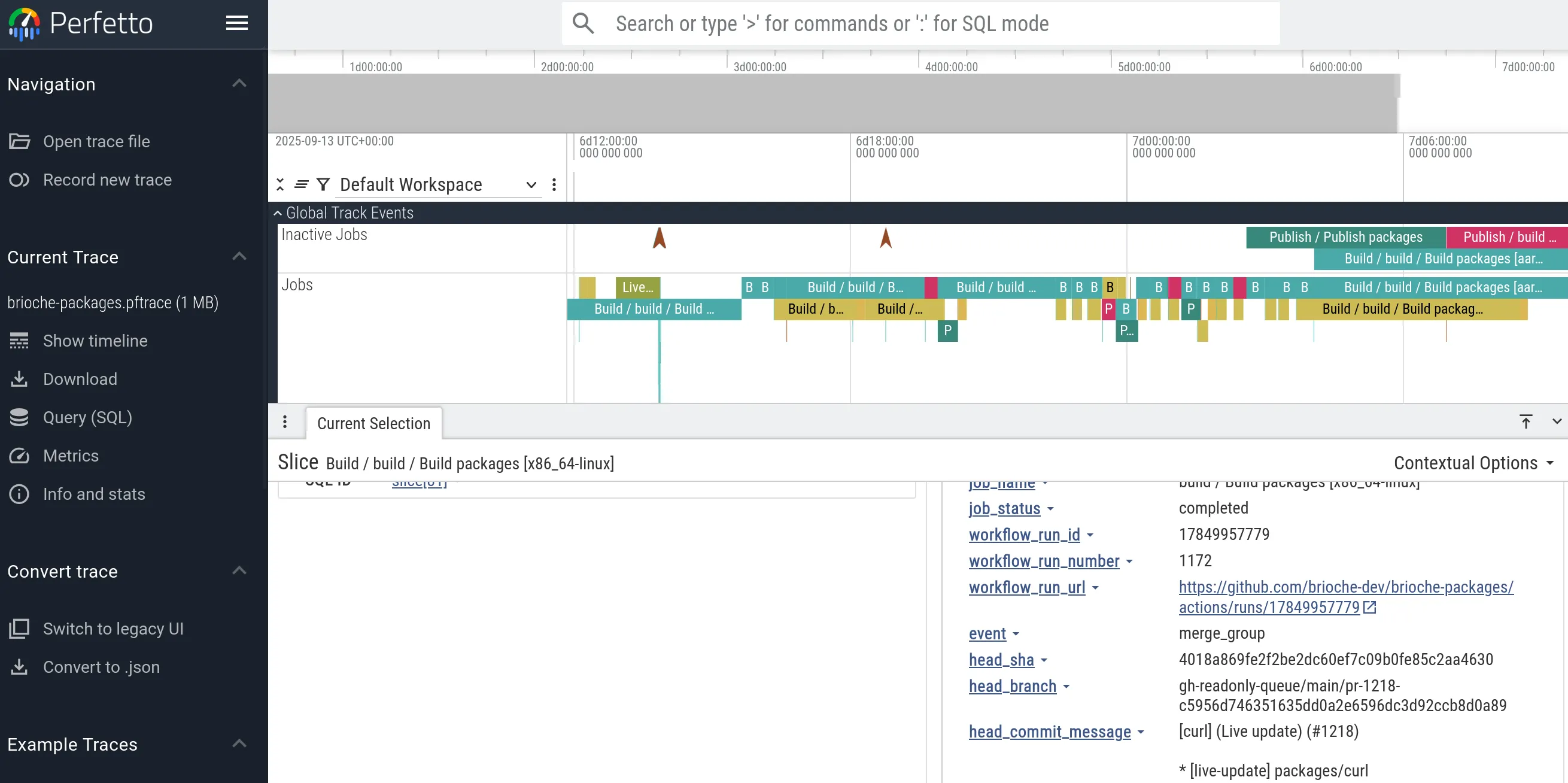 Perfetto UI showing a timeline of GitHub Actions jobs. A job named "Build / build / Build packages [x86_64-linux]" is selected, showing metadata about the build and a link to the GitHub workflow run.